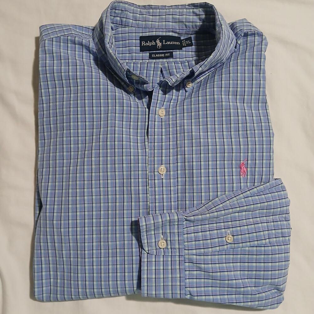 Ralph Lauren Men's XL Classic Fit 100% Cotton Blue Pastel Plaid Button-Down/Up